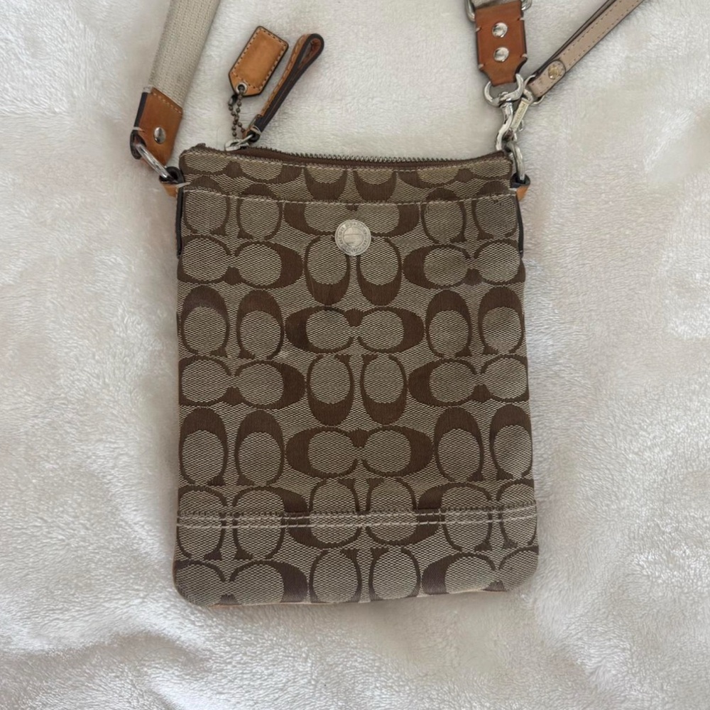 Vintage Coach Tan and Brown Signature Crossbody Bag
